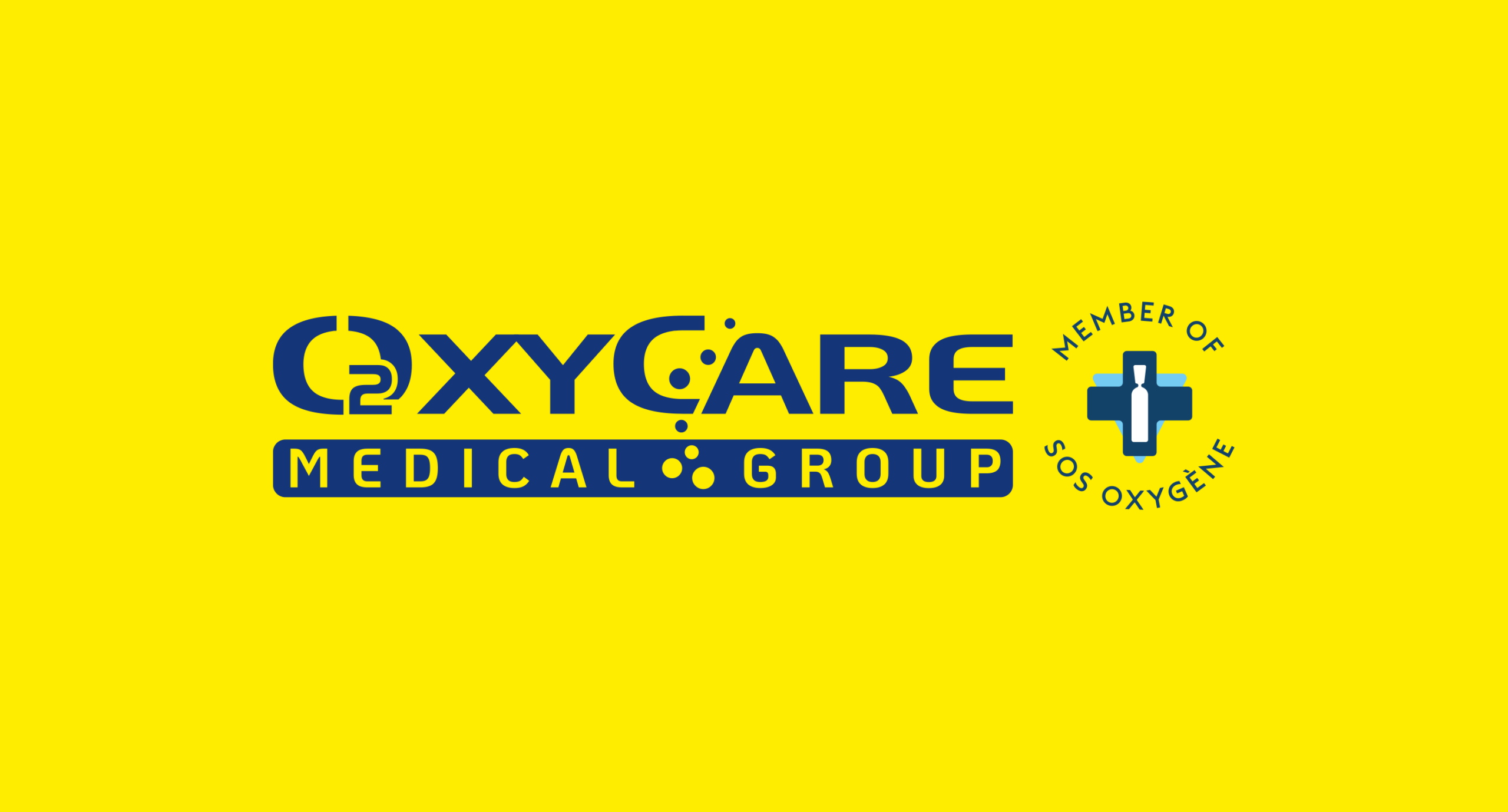 Blaues Logo OxyCare auf gelbem Grund